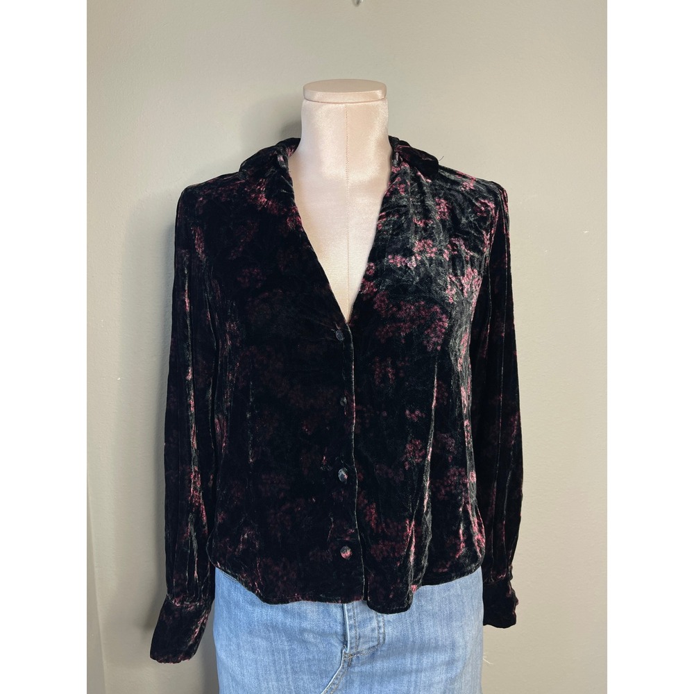 Zara Velvet Button Down Blouse Black Pink Floral Devore V-Neck Long Sleeve S